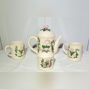 Antique 1980 Ceramic Roses Tea  Set Three-Dimensional Floral Teapot Mugs 6pcs